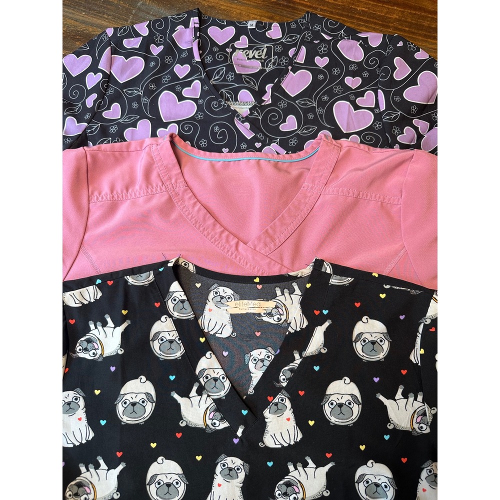 Lot of 3 Womens Scrub Tops Revel EliteMed Pink Heart Pug Dog Print Medium Large